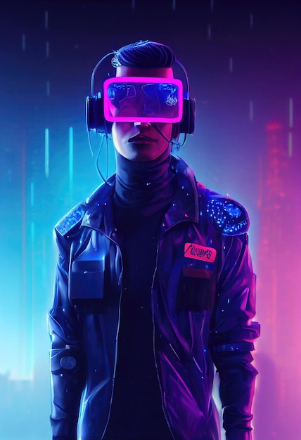 Een realistisch portret van een man in neonlicht met een cyberpunk-headset en cyberpunk-uitrusting