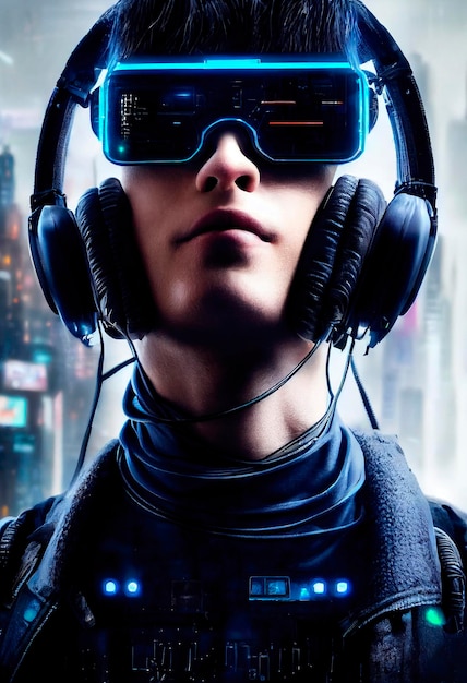 Een realistisch portret van een man met een cyberpunk-headset en cyberpunk-uitrusting