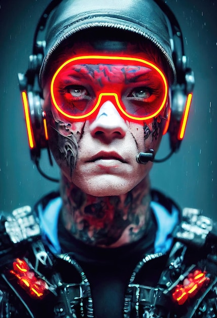Een realistisch portret van een man met een cyberpunk-headset en cyberpunk-uitrusting