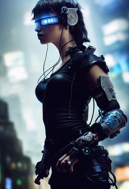 Een realistisch portret van een meisje met een cyberpunk-headset en cyberpunk-uitrusting