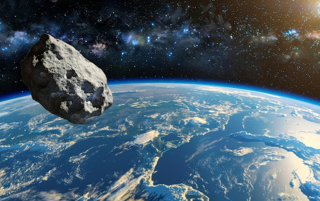 Een realistische afbeelding van de aarde vanuit de ruimte met een gedetailleerde asteroïde in de buurt van de planeet tegen de achtergrond van de ruimte