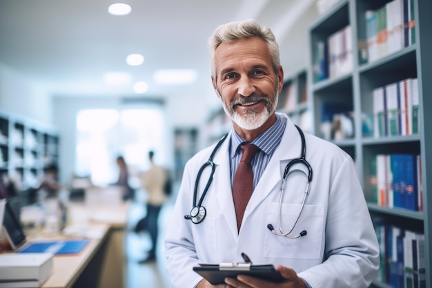 Een realistische gecentraliseerde arts die in een medisch kantoor staat en een witte labjas draagt
