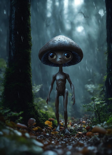 Een realistische grijze buitenaardse grote ogen zwarte paddenstoelen in bomen nacht bos regen hyperrealistische detail