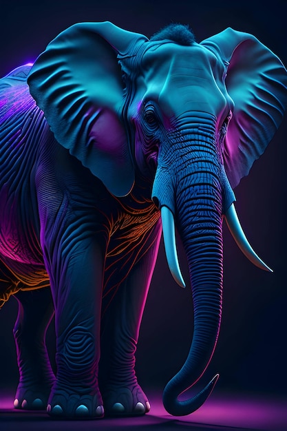 een realistische olifant met een neonlicht-effect op de achtergrond