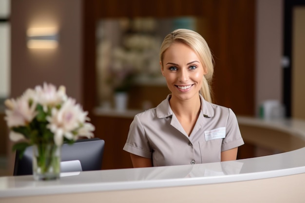 Foto een receptie met een vriendelijke receptioniste bij een kliniek medische voorzieningen generatieve ai