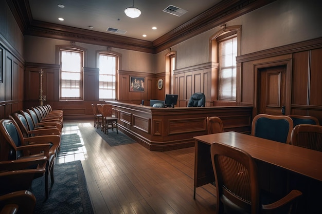 Een rechtszaal met een houten tafel en stoelen met een houten bank waarop staat 'het gerechtshof'
