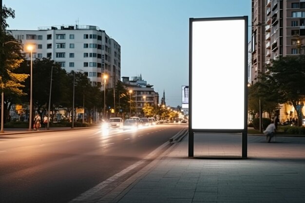 Een reclamebord in een stadsstraat met de lichten aan.