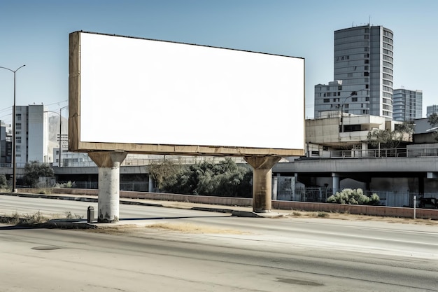 Een reclamebord op een snelweg met een gebouw op de achtergrond