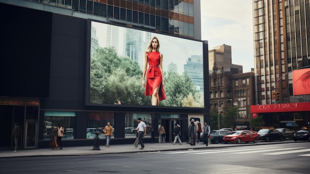 een reclamebord voor een modeshow toont een vrouw die op straat loopt.