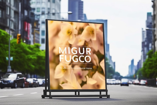 Een reclamebord voor mimu fufuco in een stadsstraat