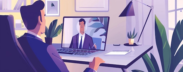 Een recruiter die een virtueel interview voert op een laptop met de kandidaat zichtbaar op het scherm in een netjes kantoor thuis