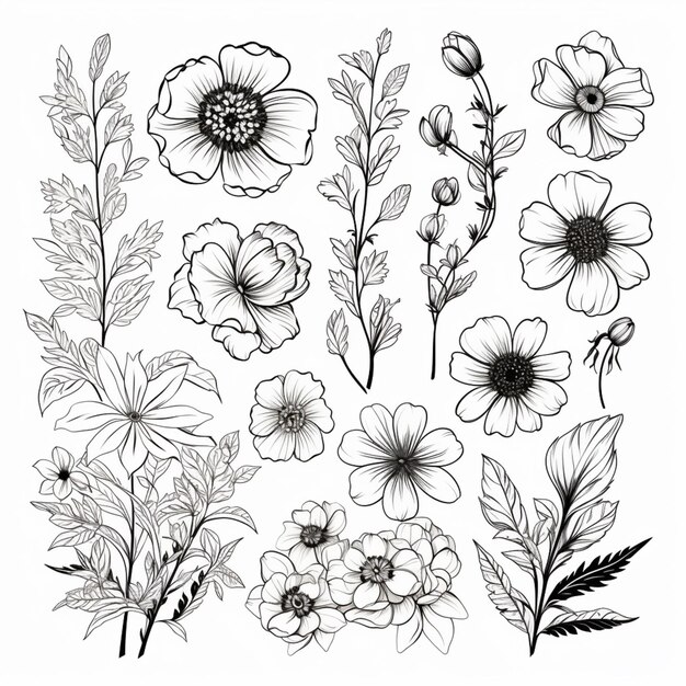 een reeks bloemen en bladeren getekend met inkt op een witte achtergrond generatieve ai
