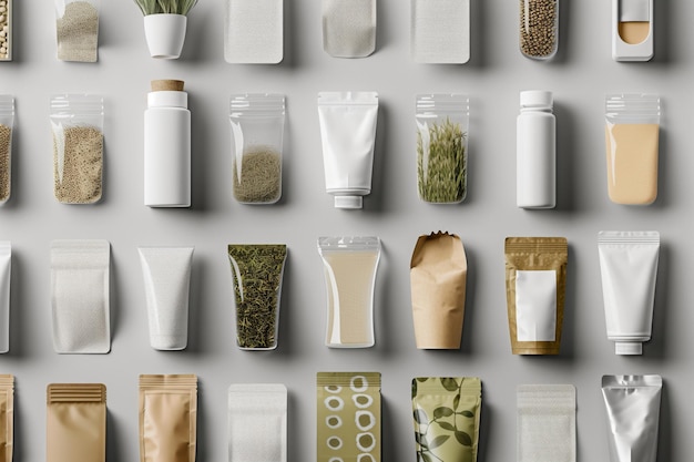Foto een reeks duurzame verpakkingsopties die netjes worden weergegeven tegen een lichte achtergrond