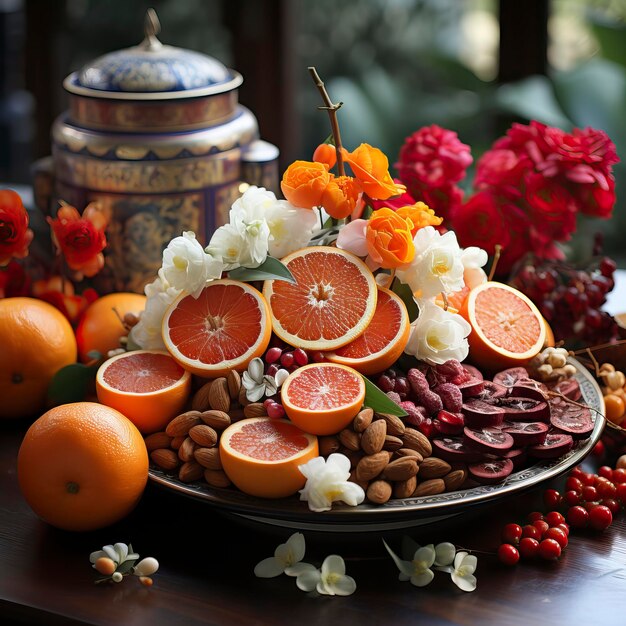 Foto een reeks eten op een tafel in de stijl van het chinese nieuwjaar voedsel illustratie