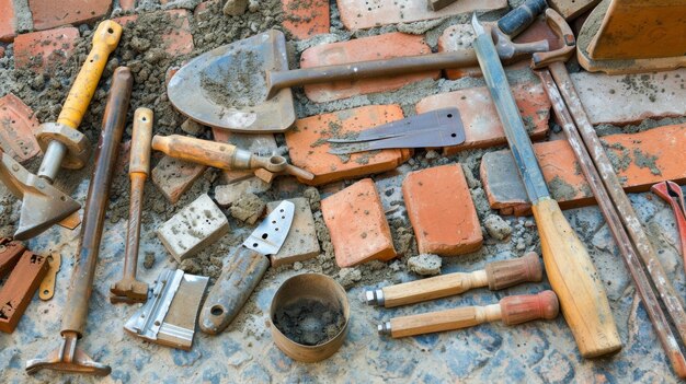 Foto een reeks gereedschappen klaar voor gebruik terwijl de metselaars hun bakstenenwerk voortzetten