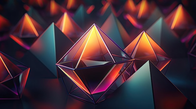 Een reeks gloeiende driehoeken met een kleurrijke achtergrond.