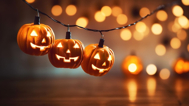 Een reeks halloween-lichten met jack'o-lantaarns eraan