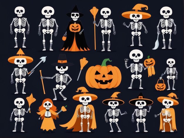 Foto een reeks halloween personages, waaronder skeletten pompoenen en pompoenen