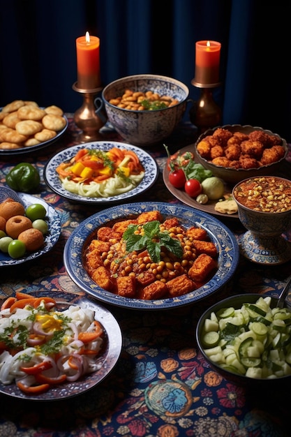 Foto een reeks iftar-maaltijden van verschillende culturele achtergronden