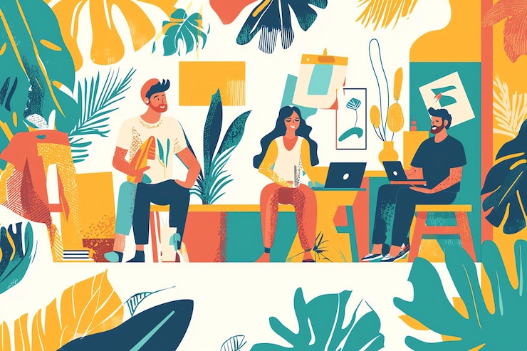 Foto een reeks illustraties met mensen die op een bank en een laptop zitten