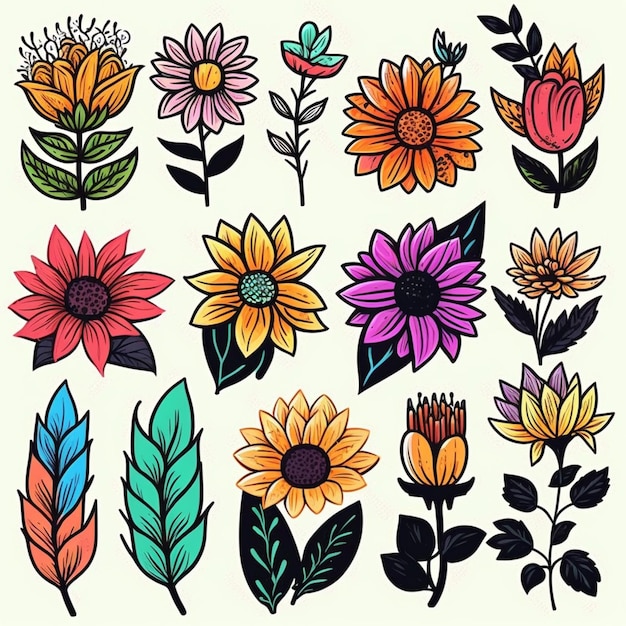 Foto een reeks kleurrijke bloemen en bladeren getekend in een generatieve ai in doodle-stijl