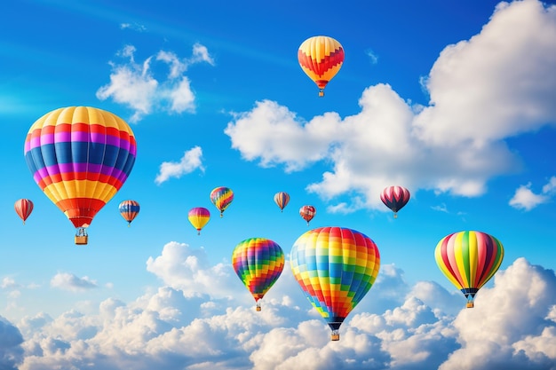 Een reeks kleurrijke heteluchtballonnen die tegen een blauwe lucht zweven en een vrolijke en opbeurende scène creëren