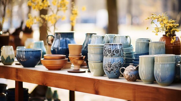 Een reeks kleurrijke vazen en schalen op een houten tafel