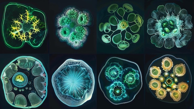 Foto een reeks microscoopbeelden die de cellulaire structuur van verschillende soorten algen tonen de cellen