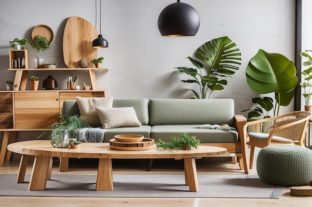 Foto een reeks milieuvriendelijke huisdecoratie en duurzame meubels op het houten bord tegenover een moderne milieubewuste leefruimte