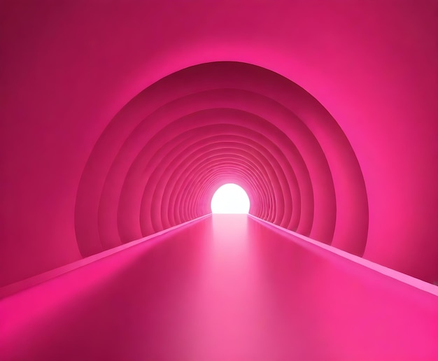 Een reeks roze bogen die een lange tunnel vormen met een helder licht aan het verre einde