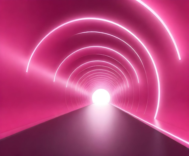 Een reeks roze bogen die een lange tunnel vormen met een helder licht aan het verre einde