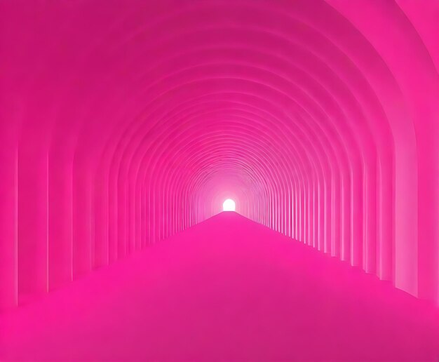 Een reeks roze bogen die een lange tunnel vormen met een helder licht aan het verre einde