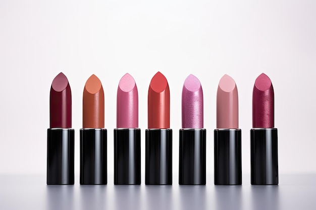 Een reeks van zes verschillende lippenstiftkleuren tentoongesteld naast een verzameling make-upartiestenbenodigdheden
