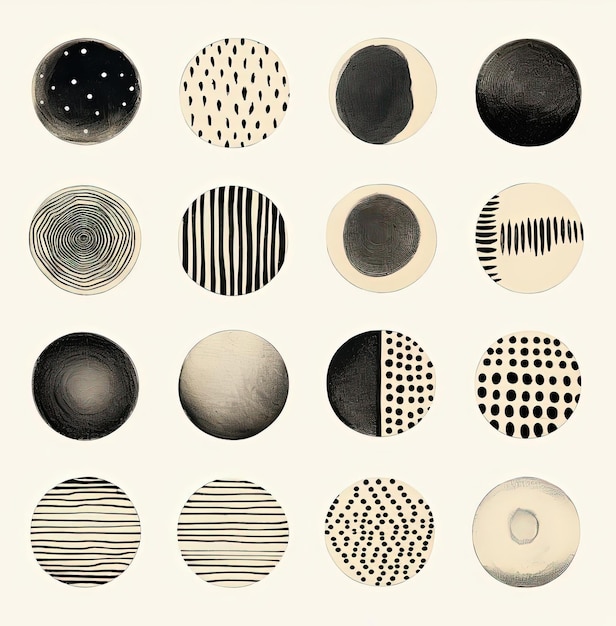 Foto een reeks variërende cirkels getekend met zwarte inkt in de stijl van gevlekte