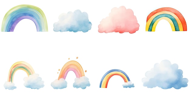 een reeks verschillende regenbogen en wolken op een witte achtergrond