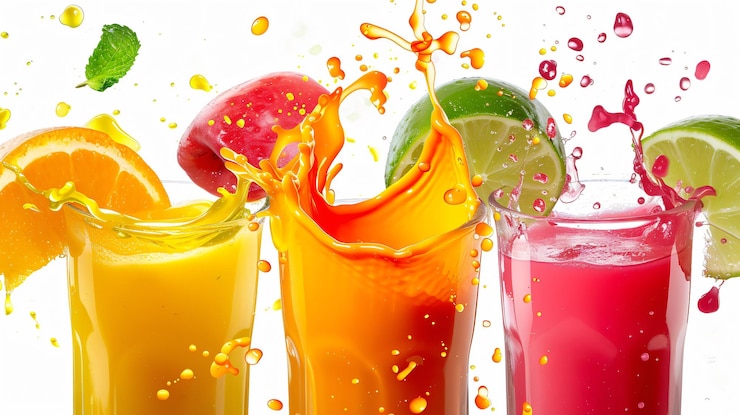 Foto een reeks verschillende sappen met verschillende kleuren fruit en sap