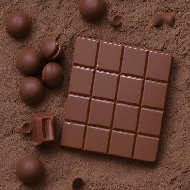 Een reep chocolade staat op een tafel met een paar chocolaatjes verspreid.