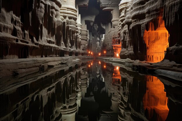 Foto een reflecterend ondergronds meer in een grotvormig labyrint