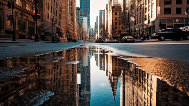 Een reflecterend oppervlak dat de gebouwen vastlegt en de stedelijke esthetiek laat zien die door AI is gegenereerd