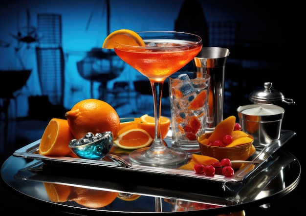 Een reflecterend oppervlak dat de levendige kleuren en ingrediënten van de Aviation-cocktail laat zien