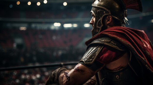 Foto een reflecterende romeinse gladiator overweegt een arenaconfrontatie