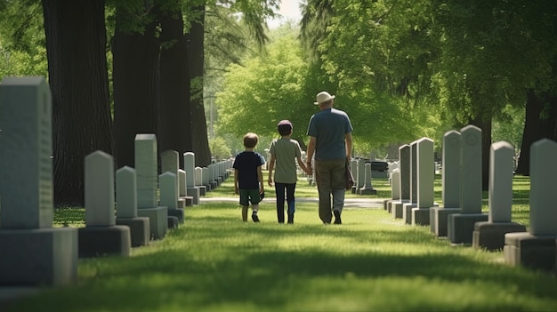 Een reflectieve Memorial Day-herdenkingswandeling door een serene herdenkingstuin omringd door de namen van degenen die hun leven hebben verloren in dienst van ons land Gegenereerd door AI