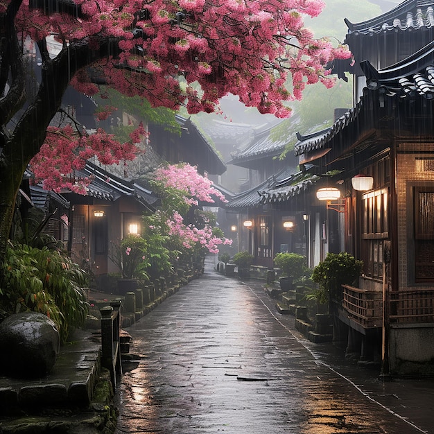 een regenachtige dag in een Chinese tuin met een lantaarn en een boom op de achtergrond