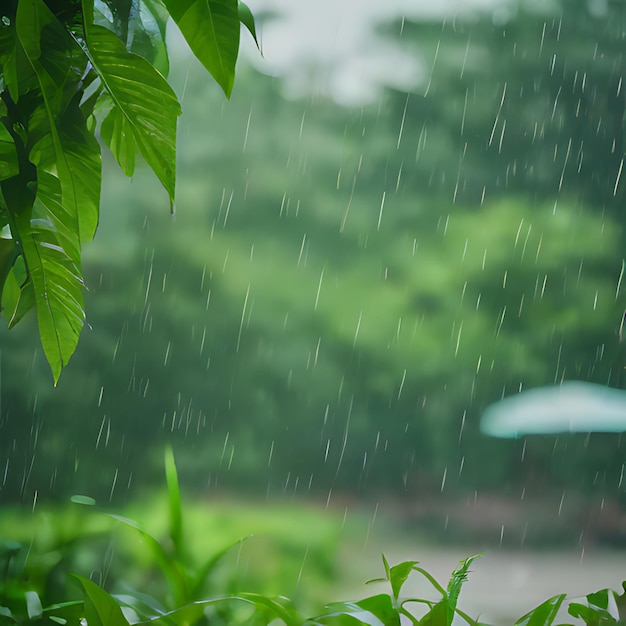 Foto een regenachtige dag met een boomtak en bladeren die door de regen worden vervaagd