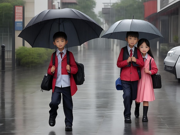 Een regenachtige dag op weg naar school.