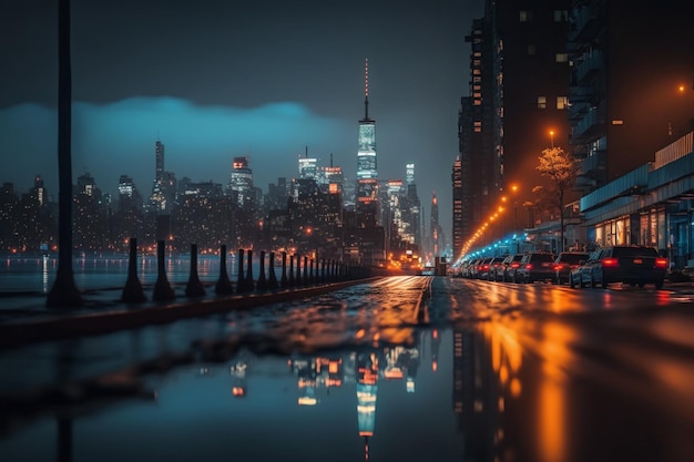 Een regenachtige nacht in NYC met uitzicht op de skyline van Manhattan.