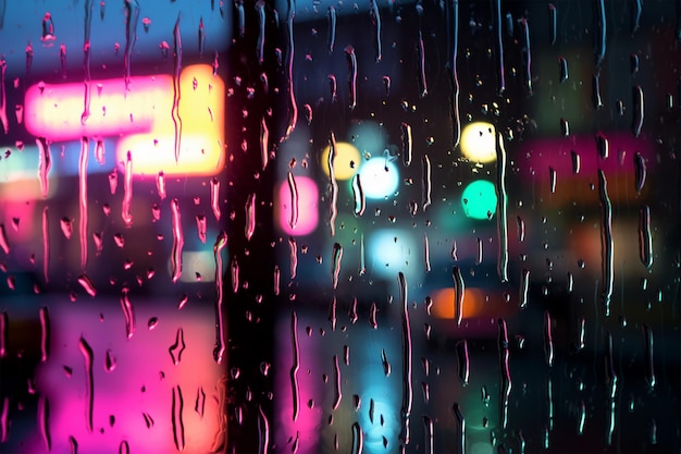 Foto een regenachtige nacht met een neonbord op de achtergrond.