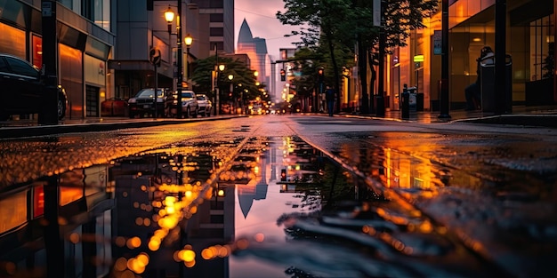 Een regenachtige straat met een stadsstraat bij zonsondergang