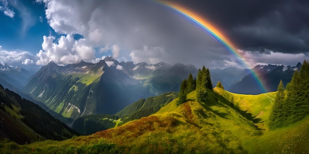 Foto een regenboog boven een bergketen