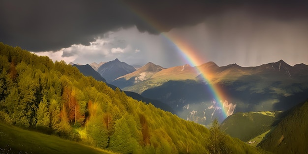 Een regenboog boven een berglandschap met een regenboog aan de hemel.